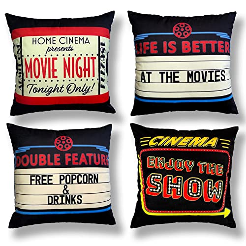 Movie Theater Decor Vintage Cinema Pillow Covers 4 Pack - Soft Luxury Velvet Pillow Covers for Movie Night & Home Theater Decor Decorative Decoration Sofa Couch Theatre Throw Pillows Cushion Cover