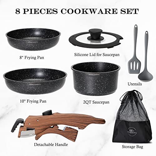 Kitchen Academy Detachable Handle Induction Cookware Sets - 10 Piece Non-stick Cooking Pots and Pans, Black Granite Stackable RV Cookware for Camp