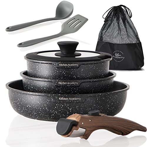 Kitchen Academy Detachable Handle Induction Cookware Sets - 10 Piece Non-stick Cooking Pots and Pans, Black Granite Stackable RV Cookware for Camp