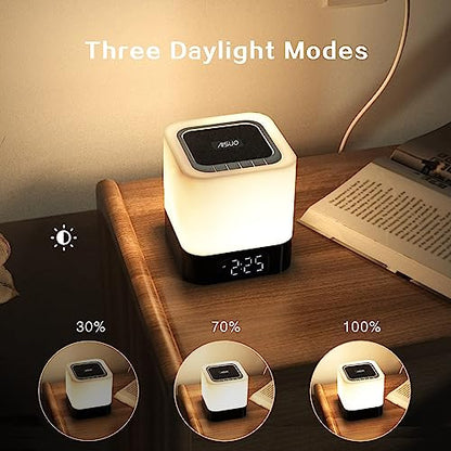 Aisuo Night Light-5 in 1 Bedside Lamp with Bluetooth Speaker, 12/24H Digital Calendar Alarm Clock, Touch Control, Support TF and SD Card, Music Player, Gift for Girls Boys Teens,Warm White