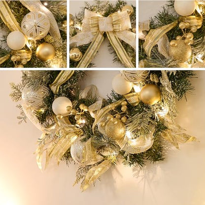 Valery Madelyn Pre-Lit Christmas Wreath for Front Door with Lights, 24 Inch Large Lighted Christmas Wreath with White Gold Xmas Ball for Fireplace Window Outdoor Table Centerpiece Holiday Decoration