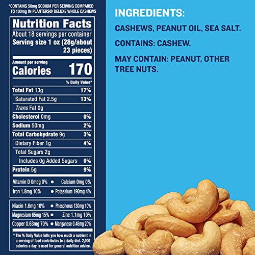 PLANTERS Deluxe Lightly Salted Whole Cashews, Party Snacks, Plant-Based Protein 18.25oz (1 Canister)