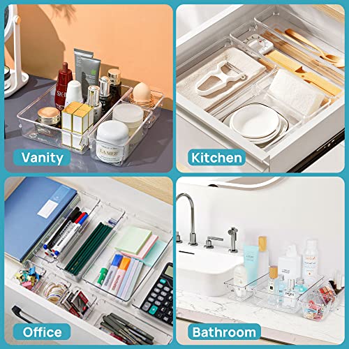 Vtopmart 15 PCS Clear Plastic Drawer Organizers Set, 4-Size Versatile Bathroom and Vanity Drawer Organizer Trays, Storage Bins for Makeup, Bedroom, Kitchen Gadgets Utensils and Office