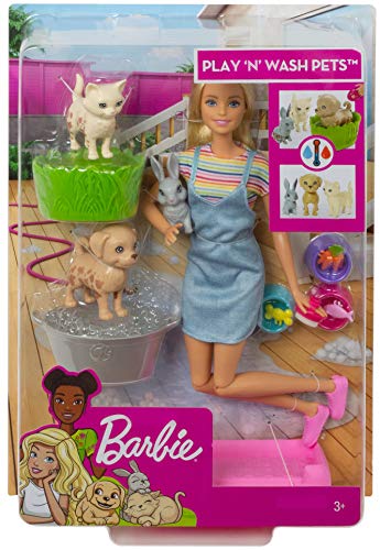 Barbie Play 'N Wash Pets Doll & Playset with 3 Color-Change Animals & 10 Accessories, Blonde Doll with Blue Eyes