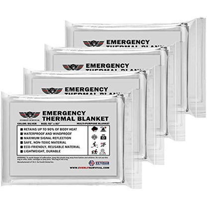 EVERLIT Survival Emergency Mylar Thermal Blanket, Foil Space Blanket Designed for NASA, Body Warmer Blanket for Outdoor, First Aid, Camping Gear, Hiking Travel (Silver, 4 Pack)