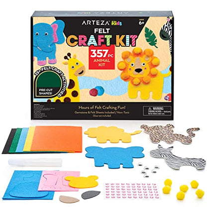 Arteza Kids Felt Kit, 357 Pieces, 25 Pre-Cut Animal Shapes, 5 Felt Sheets, 140 Mini-Pieces, Gemstone Stickers, Yarn, Glue, and Accessories – Educational Kids’ Craft Supplies to Inspire Creativity