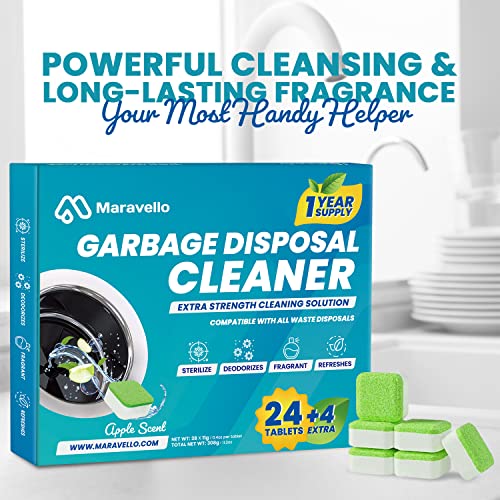 Garbage Disposal Cleaner and Deodorizer 28 Tablets: Maravello Sink Foaming Garbage Disposer Freshener - Kitchen Drain Cleaning Pods with Apple Fresh Formula - 1 Year Supply