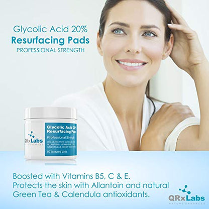 QRxLabs Glycolic Acid 20% Resurfacing Pads for Face & Body with Vitamins B5, C & E, Green Tea, Calendula, Allantoin - Exfoliates Surface Skin and Reduces Fine Lines and Wrinkles - Peel Pads