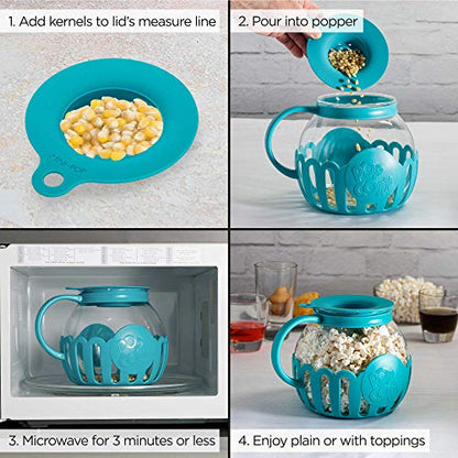 Ecolution Patented Micro-Pop Microwave Popcorn Popper with Temperature Safe Glass, 3-in-1 Lid Measures Kernels and Melts Butter, Made Without BPA, Dishwasher Safe, 3-Quart, Teal