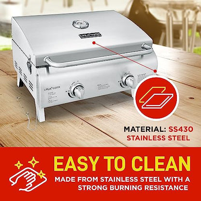 Portable Grill – Table Top Stainless Steel Propane Gas BBQ for Camping and Outdoor – 2 Burners –20,000 BTU Power - Folding Legs – Wind Proof Lid – Easy Clean – Silver - By Lifemaster