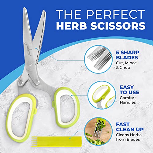 Jenaluca Herb Scissors with 5 Blades and Safety Cover - Cut, Chop & Mince Fresh Herbs & Leafy Greens - Stainless Steel Kitchen Shears with Cleaning Comb - Cool Kitchen Gadgets (Blue)