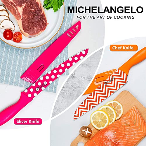 MICHELANGELO Knife Set, Kitchen Knife 10 Piece with Nonstick Colored Coating, Sharp Stainless Steel Kitchen Knife Set, Patterned Knives with Covers, Kitchen Knives, 5 Knives & 5 Sheath Covers