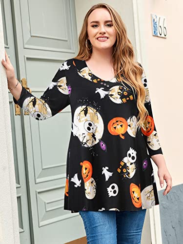 LARACE Plus Size Tops 3/4 Sleeve Halloween Shirts For Women V Neck Tunic Flare Swing Blouses Basic T-shirts(Flower42 3X)