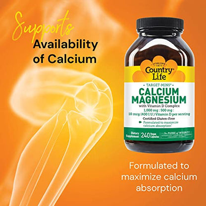 Country Life Target-Mins Calcium Magnesium with Vitamin D-Complex, 1000mg/500mg/10mcg, 240 Vegan Capsules, Certified Gluten Free, Certified Vegan, Verified Non-GMO Verified
