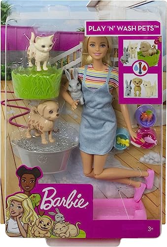 Barbie Play 'N Wash Pets Doll & Playset with 3 Color-Change Animals & 10 Accessories, Blonde Doll with Blue Eyes