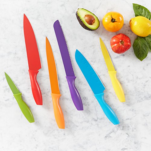 Amazon Basics Color-Coded Kitchen 12-Piece Knife Set, 6 Knives with 6 Blade Guards, Multicolor, 13.88 x 4.13 x 1.38 inch