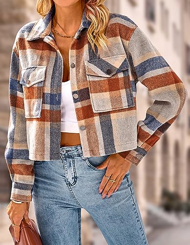 CFLONGE 2023 Casual Cropped Shacket Jackets Women Fashion Button Down Plaid Shirt for Women Long Sleeve Flannel Blouses Top(Dark Blue,Large)