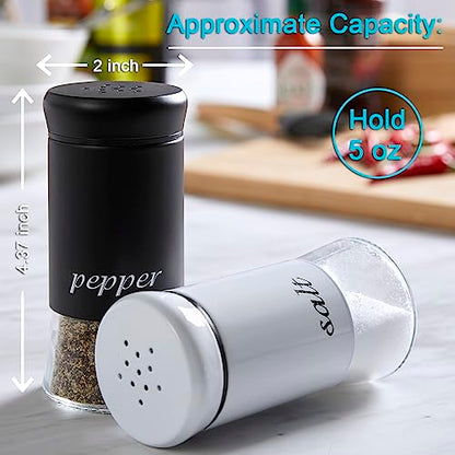 Salt and Pepper Shakers Set, Salt Shaker with Clear Glass Bottom, 5 oz Salt and Pepper Set for Cooking Table RV BBQ, Black and White Kitchen Decor and Accessories