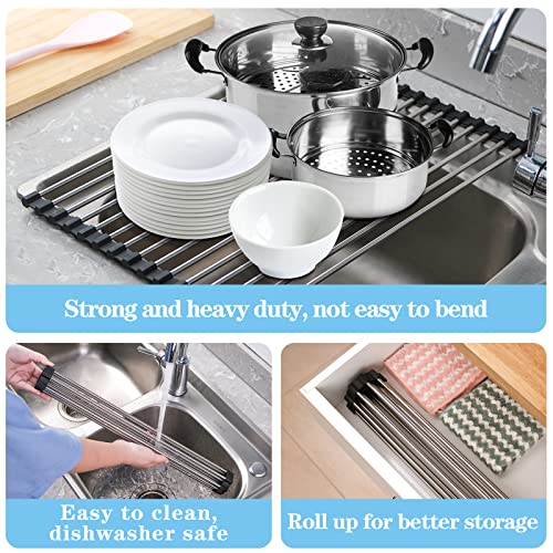 Roll Up Dish Drying Rack Over the Sink Drying Rack for Kitchen Counter, Seropy Rolling Dish Rack over Sink Mat, Foldable Dish Drainer Stainless Steel Sink Rack Kitchen Organization Gadgets 17.5"x11.8"