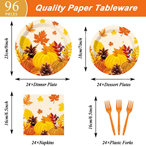 24 Guests Thanksgiving Plates and Napkins Sets Fall Party Supplies Tablecloth Plates Napkins Forks Set, Autumn Leaves Disposable Tableware Decorations Pumpkin Maple Fall Party Decorations Favors