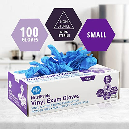 Med PRIDE NitriPride Nitrile-Vinyl Blend Exam Glove, Small 100 - Powder Free, Latex Free & Rubber Free - Single Use Non-Sterile Protective Gloves for Medical Use, Cooking, Cleaning & More