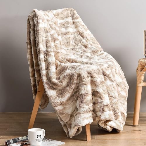 Throw Blanket, 50" x 60" Super Soft Fuzzy Warm Thick Faux Fur Throw Blanket for Couch Bed Sofa, Luxurious Thick Cozy Fall Throws Blankets for Living Room, Marbled Ivory