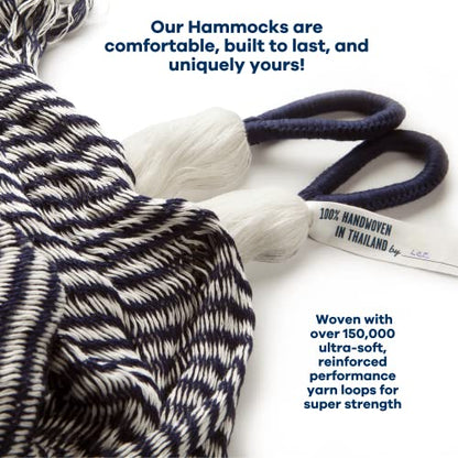 Handwoven Hammock by Yellow Leaf Hammocks - Double Size, Fits 1-2 PPL, 400lb max - Weathersafe, Super Strong, Easy to Hang, Ultra Soft, Artisan Made - Color: Stripe Navy Blue - White