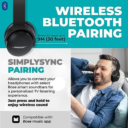 Bose QuietComfort 45 Headphones Bundle with QC15 Airplane Jack Adapter, Audio Cable, Cloth - Bluetooth Wireless Noise Canceling Headphones, Over Ear Headphones Bose Noise Cancelling Headphones (Black)
