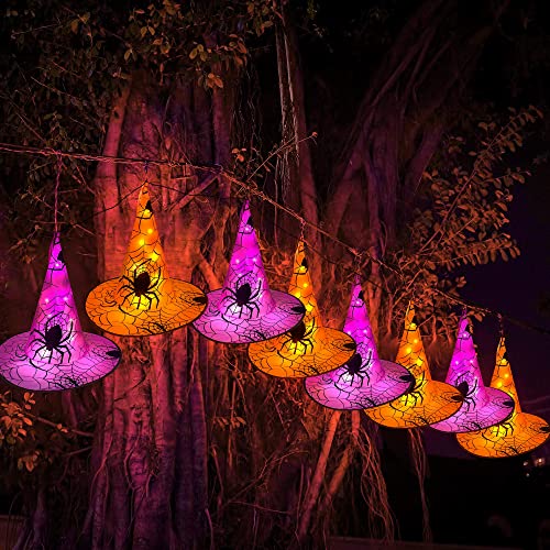 WATERGLIDE Halloween Decorations 8 Pcs Lighted Hanging Witch Hats, Remote Control with 8 Modes Light Up 14 FT Halloween String Lights, for Indoor Outdoor Yard, Lawn, Graveyard Scenes Party