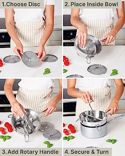 Ergonomic Food Mill Stainless Steel With 3 Grinding Milling Discs, Milling Handle & Stainless Steel Bowl - Rotary Food Mill for Tomato Sauce, Applesauce, Puree, Mashed Potatoes, Jams, Baby Food