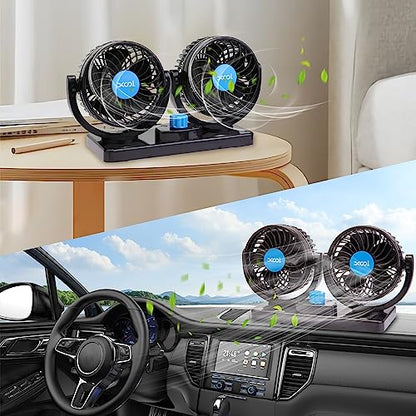 XOOL Car Fan, USB Portable Cooling Air Fan for Car, 360 Degree Rotatable Dual Head Desk Fans with 2 Speed Strong Wind for Dashboard SUV, RV, Vehicles, Boat, Home & Office - USB Powered