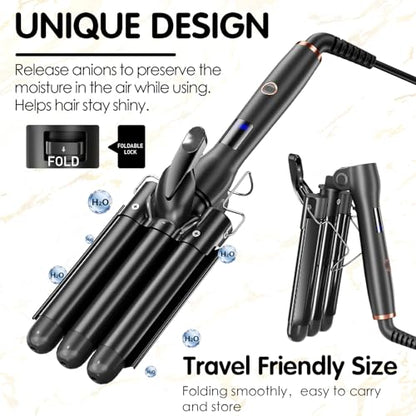 Hair Crimper 1 Inch, 3 Barrel Beach Waver Curling Iron, Foldable 25mm 3 Barrel Hair Waver, 4 Temperature Settings Adjustable Heat Up Quickly Hair Curler Curling Wand