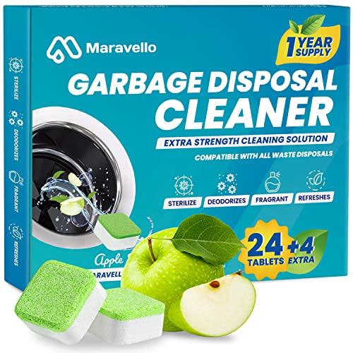 Garbage Disposal Cleaner and Deodorizer 28 Tablets: Maravello Sink Foaming Garbage Disposer Freshener - Kitchen Drain Cleaning Pods with Apple Fresh Formula - 1 Year Supply