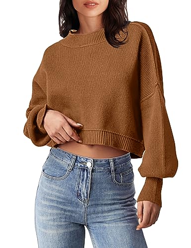 MEROKEETY Womens Cropped Sweaters Causal Crewneck Batwing Sleeve Knit Top Side Split Oversized Pullover Sweater Jumper Brown Large