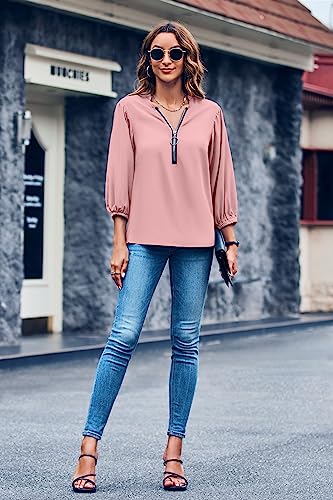 Cnkwei Womens V-Neck Lantern Sleeve Blouse Zipper Design Loose Casual Top Shirts Light Pink