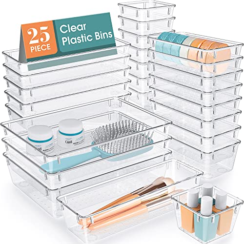 WOWBOX 25 PCS Clear Plastic Drawer Organizer Set, 4 Sizes Desk Drawer Divider Organizers and Storage Bins for Makeup, Jewelry, Gadgets for Kitchen, Bedroom, Bathroom, Office