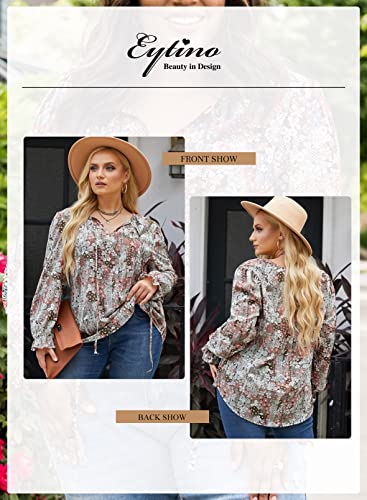 Eytino Women Plus Size Tops Casual Floral Printed V Neck Long Sleeve Drawstring Chiffon Blouse Shirts,4X Khaki