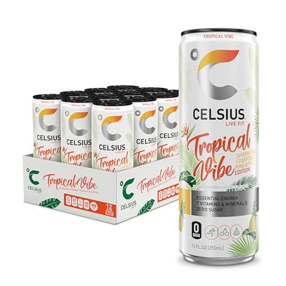 CELSIUS Sparkling Tropical Vibe, Functional Essential Energy Drink 12 Fl Oz (Pack of 12)