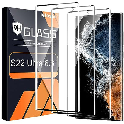 letosan 3 Pack Galaxy S22 Ultra Screen Protector, HD Clear Tempered Glass, Fingerprint Unlock, 3D Curved, Scratch Resistant, Bubble-Free for Samsung Galaxy S22 Ultra 5G Glass Screen Protector