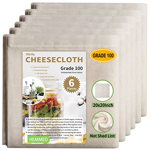 Olicity Hemmed Cheese Cloths, Grade 100, 20x20Inch, 100% Unbleached Precut Muslin CheeseCloth Strainer for Cooking, Baking, Juicing, Cheese Making - 6 Pieces