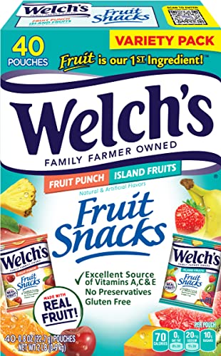 Welch's Fruit Snacks, Fruit Punch & Island Fruits Variety Pack, Gluten Free, Bulk Pack, Individual Single Serve Bags, 0.8 oz (Pack of 40)