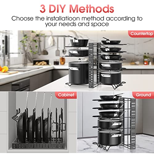 G-TING Pot Rack Organizers, 8 Tiers Pots and Pans Organizer for Kitchen Organization & Storage, Adjustable Pot Lid Holders & Pan Rack for Kitchen, Lid Organizer for Pots and Pans With 3 DIY Methods