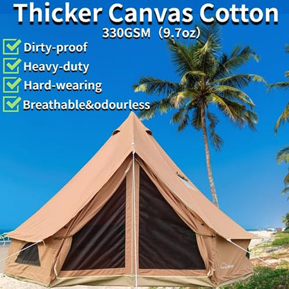 DANCHEL OUTDOOR B5 PROII Canvas Bell Tent with Sealed Jacks for Glamping, 4 Season Waterproof 100% Cotton Canvas Yurt Tent House for Living 6 Person Camping 16.4ft/5M Brown