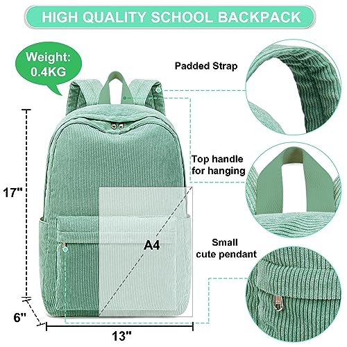 BTOOP School Backpack for Teens Large Corduroy Bookbag Lightweight Girls Boys Casual High School College 17 inch Laptop Travel Bag (Green, 17 inch)