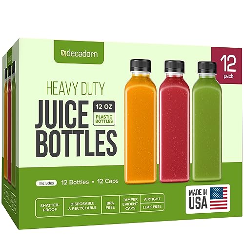 DECADORN 12 Pack 12oz Plastic Bottles With Caps - Plastic Juice Bottles For Juicing - Empty Juice Containers With Lids For Fridge - MADE IN USA Clear Reusable Bottles With Lids - Drink Container