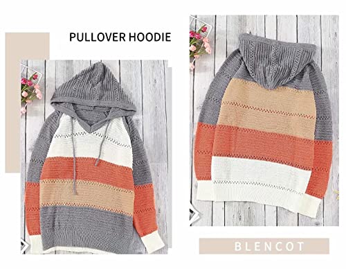 BLENCOT Women's Fall Hoodies Color Block Pullover Sweaters Warm Casual Loose Knitted Hooded Sweatshirts Tops Clothing Gray XL