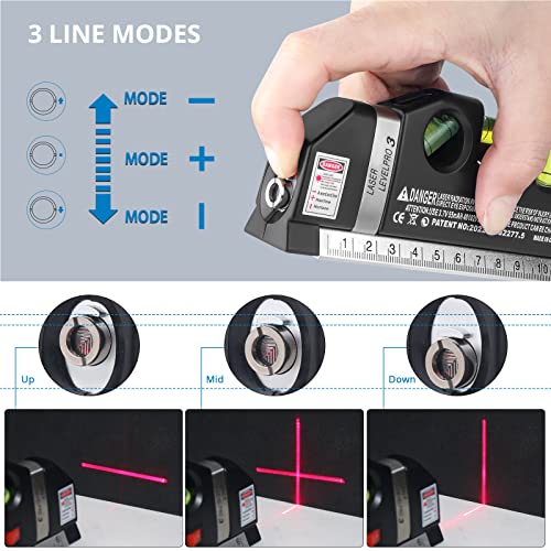 Laser Level Line Tool, Qooltek Multipurpose Cross Line Laser 8 feet Measure Tape Ruler Adjusted Standard and Metric Rulers for hanging pictures