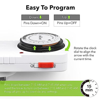 BN-LINK 24 Hour Plug-in Mechanical Timer Grounded for Aquarium, Grow Light, Hydroponics, Indoor Lighting, Home Appliances, ETL Listed 125VAC, 60 Hz, 1875W, 15A, 1/2HP (1 Pack)