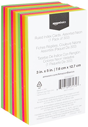 Amazon Basics Ruled Index Flash Cards, Assorted Neon Colored, 3x5 Inch, 300-Count