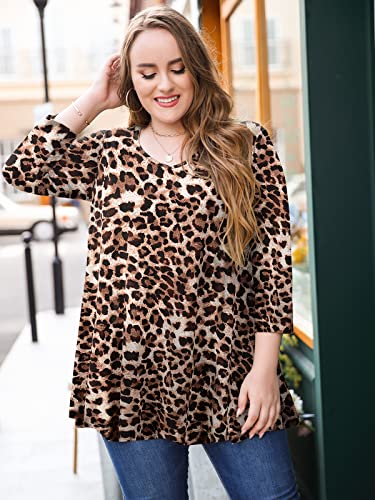 LARACE Tunics 3/4 Sleeve Leopard Print Tops For Women Plus Size Shirts V Neck Loose Fit Flowy Clothing for Leggings(A-Leopard08 6X)